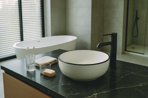 Vasque à poser LISEA en céramique avec liseré noir Ø34,6 x H. 11,4 cm